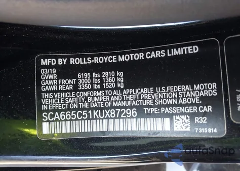 2019 Rolls-Royce Wraith z USA, uszkodzony, nr VIN SCA665C51KUX87296